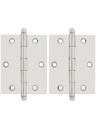 Pair of Solid Brass Ball-Tip Cabinet Hinges - 2 1/2 inch x 2 inch in Polished Nickel
